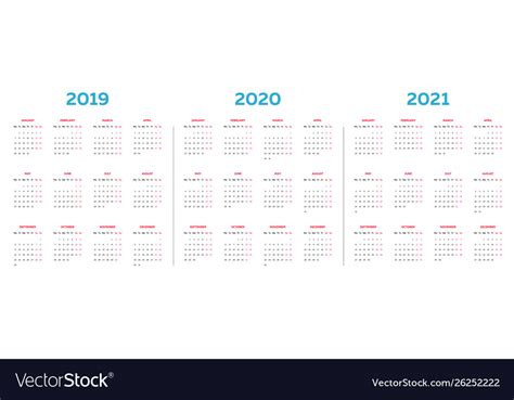 2019 2020 2021 Calendar Template Royalty Free Vector Image
