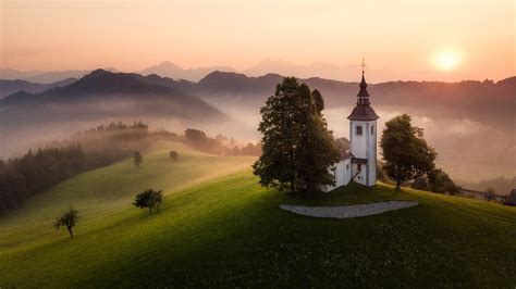 Church Trees Greenery Mountain Hill Slope With Fog Forest During
