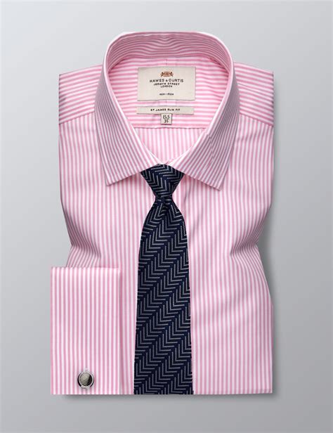 Men S Formal Pink White Bengal Stripe Slim Fit Shirt Double Cuff