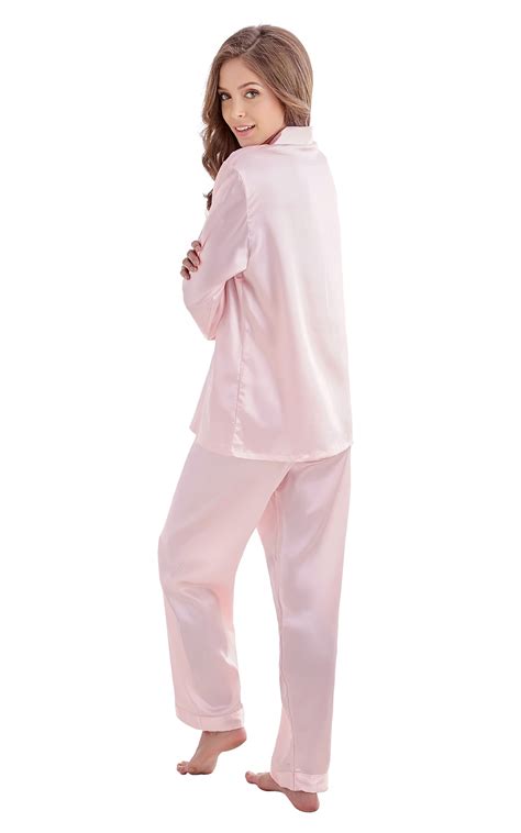 Womens Silk Satin Pajama Set Long Sleeve Light Pink With White Piping