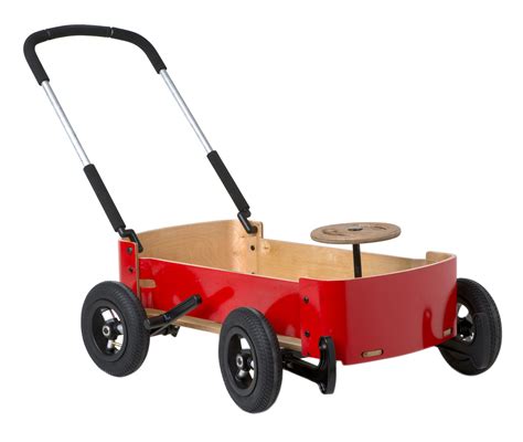 A Red Wagon With Black Wheels On A White Background
