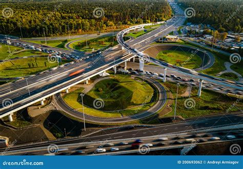 Aerial View Of A Freeway Intersection Traffic Trails In Moscow Stock