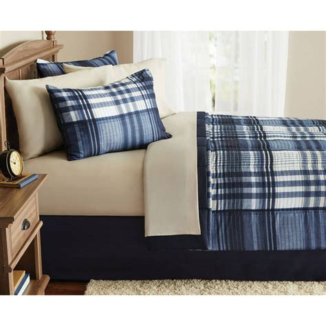 Mainstays Indigo Plaid 6 Piece Bed In A Bag Twin Bedding Set Walmart