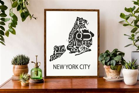 Typographic Map Of New York City New York Boroughs Of Nyc Etsy In
