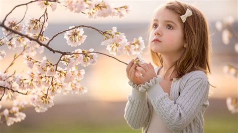 Cute Little Girl Is Standing Near Pink Blossom Flowers Wearing White