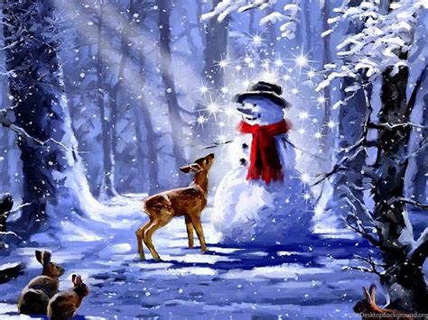 Winter Christmas Blessings Snowman Peaceful Deer Painting Forest