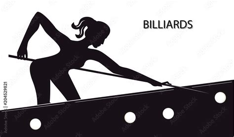 Sketch Billiards Silhouette Of Woman With Cue At Table With Balls