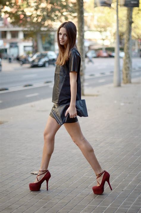 Great Legs In Black Leather Mini Skirt And Red Suede Strapply High