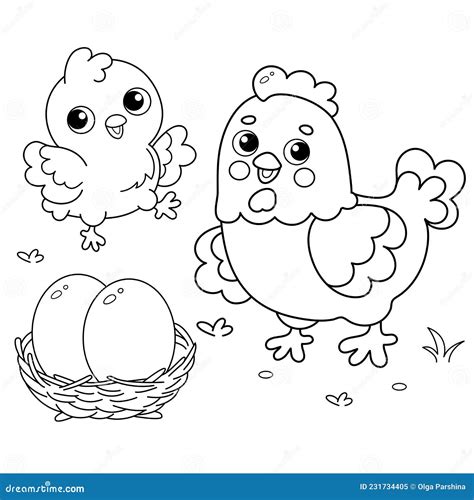 Coloring Page Outline Of Cartoon Hen With Little Chick Chicken Nest
