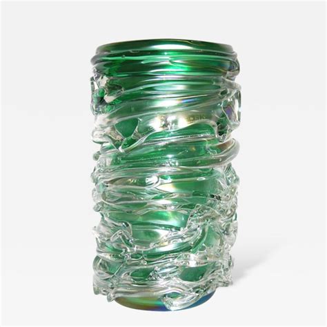 Luigi Camozzo Camozzo Tall Modern Emerald Green Iridescent Murano Glass Vase