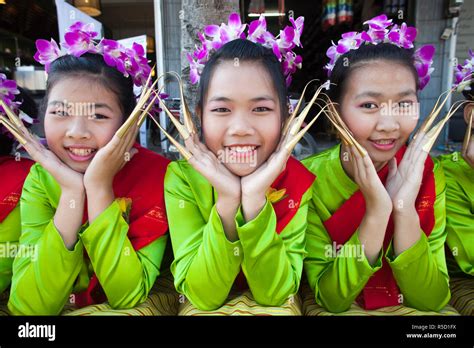 Thailand Chiang Mai Chiang Mai Flower Festival Portrait Of Girls In Traditional Thai Costume
