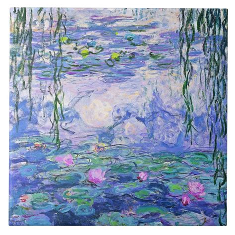 A Painting Of Water Lilies And Lily Pads In Blue Green And White Colors
