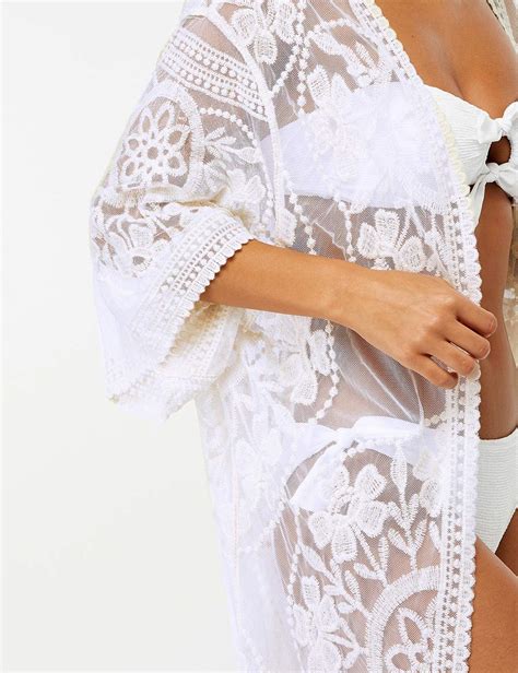 bsubseach women white sexy lace long sleeve swimsuit embroidery beach kimono cardigan bikini