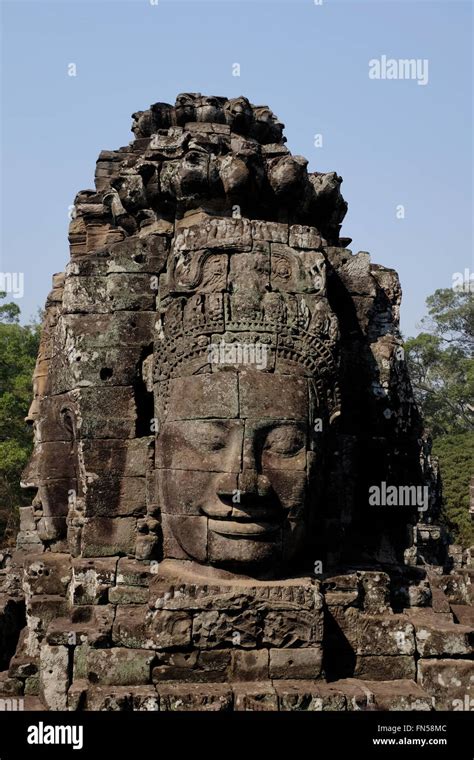 Face Sculpture At Bayon Temple Within Angkor Thom Near Siem Reap