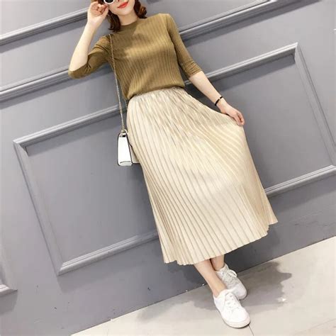 The Spring And Summer Of 2017 Korean High Waisted Pleated Skirt Metallic Color Silk In The Long