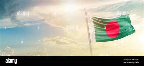 Bangladesh National Flag Waving In Beautiful Sky 3d Waving Flag Of