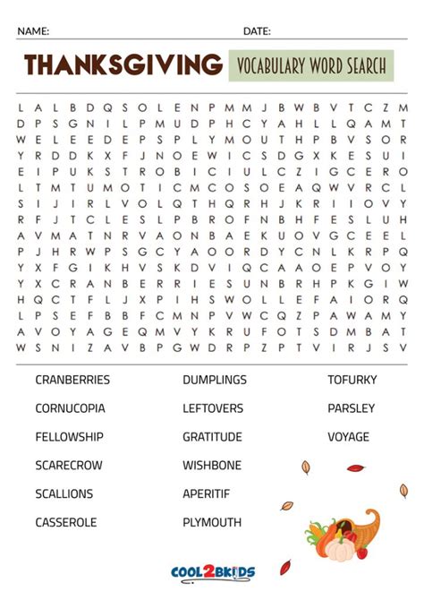 Printable Thanksgiving Word Search Cool2bkids