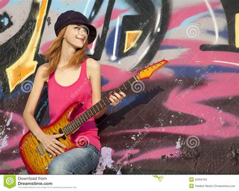 Girl With Guitar And Graffiti Wall Stock Image Image Of