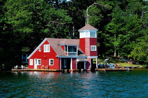 Red Boat House Lakefront Living Lakefront Property Lakeside Cottage