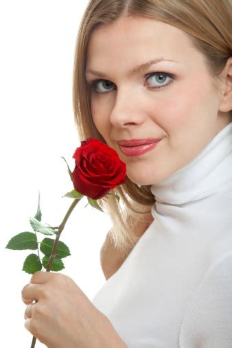 Young Beautiful Woman With A Single Red Rose Stock Photo Download