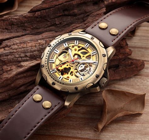 Retro Bronze Skeleton Mechanical Watch Stars And Stripes Design