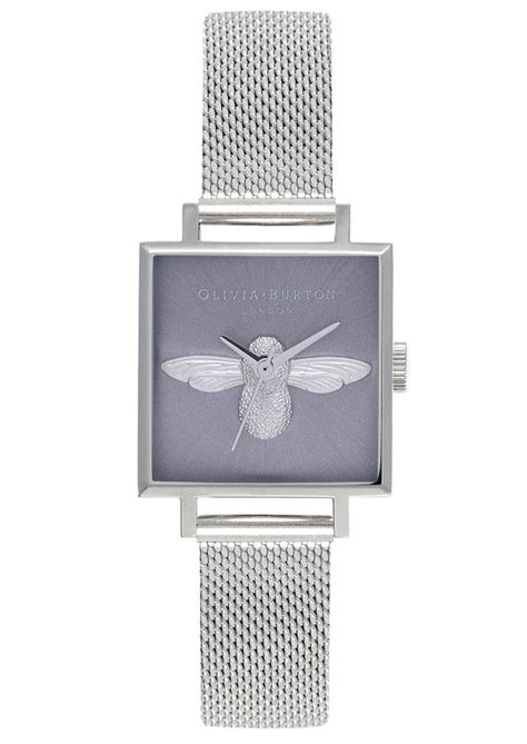 Olivia Burton Square Dial 3d Bee Lilac Sunray Mesh Watch Silver