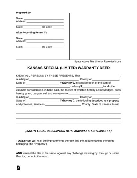 Free Kansas Special Warranty Deed Form Word Pdf Eforms Free