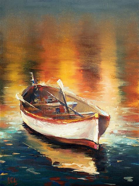 Beach Seascape Painting Art Sunset Oval Painting Etsy Boat Art