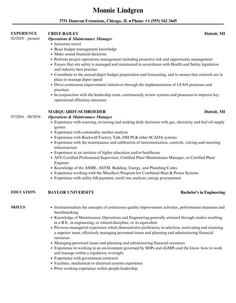 Operations & Maintenance Manager Resume Samples | Velvet Jobs