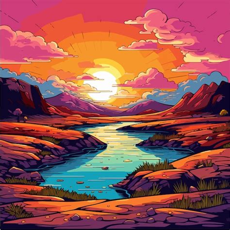 Premium Vector A Cartoon Illustration Of A River And Mountains With A