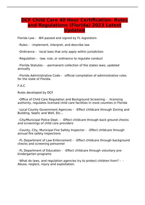 DCF Child Care 40 Hour Certification- Rules and Regulations (Florida