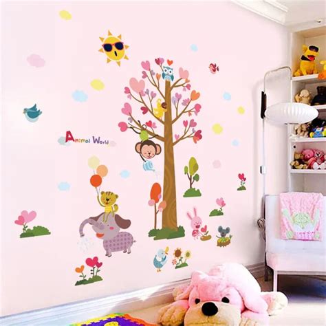 Cartoon Animals World Colorful Tree Monkey Wall Stickers For Kids Rooms