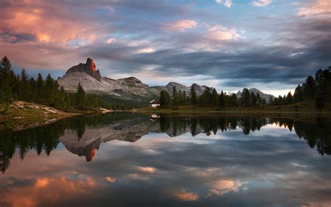 Nature Landscape Sunset Mountain Lake Forest Cabin Clouds