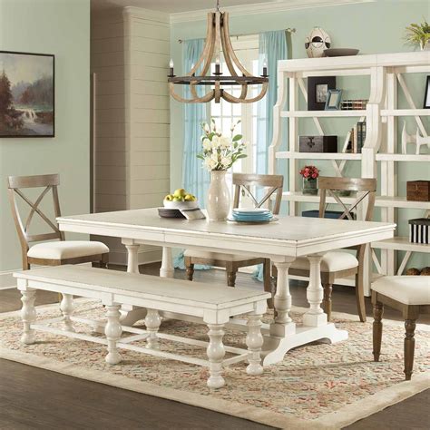 Aberdeen Wood Trestle Dining Table In Weathered Worn White Cottage