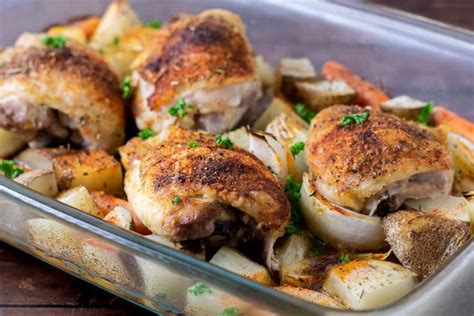These chicken thighs with added veggies and dry italian salad dressing served with crusty bread make a complete meal. Bake Boneless Chicken Thighs At 375 - One Pan Roasted ...