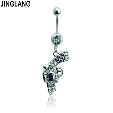 Jinglang Brand New Navel Rings 316l Stainless Steel Barbell Dangle White Rhinestone Gun Belly