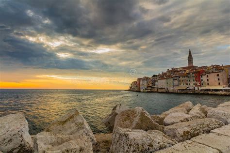 Beautiful Romantic Old Town Of Rovinj With Magical Sunsetistrian