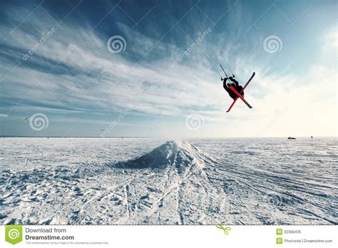 Ski Kiting And Jumping On A Frozen Lake Stock Image