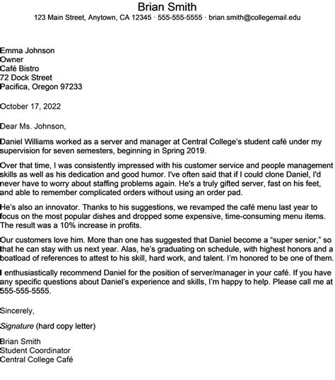 Letter Of Recommendation For Middle School Student