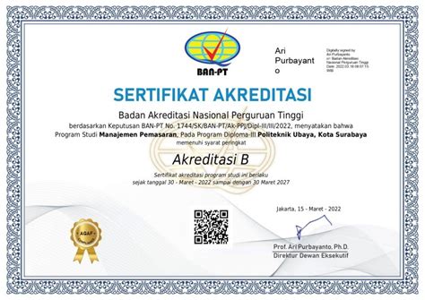 Sertifikat Akreditasi Digital Business & Marketing – Politeknik Ubaya