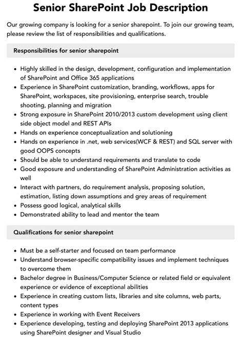 Senior Sharepoint Job Description Velvet Jobs