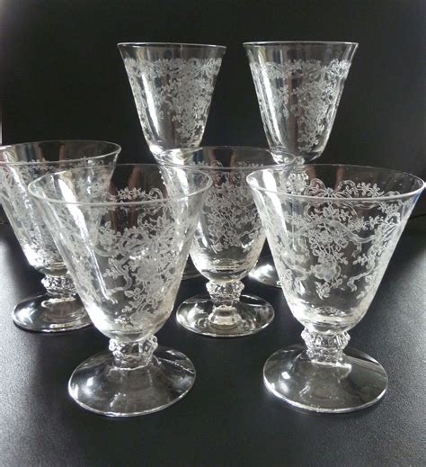 6 Vintage Fostoria Romance Etched Glasses 2 Claret Wine 4 Oyster Cocktail Fostoria Etched