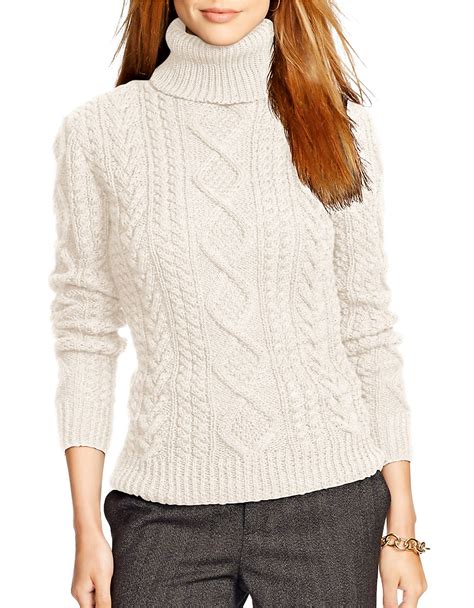 Lauren By Ralph Lauren Cable Knit Turtleneck Sweater In Natural Lyst