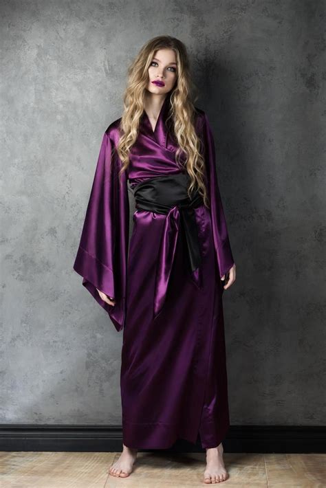 Silk Kimono Robedeep Purple Kimonodark Purple Silk Etsy Satin Dressing Gown Silk Kimono