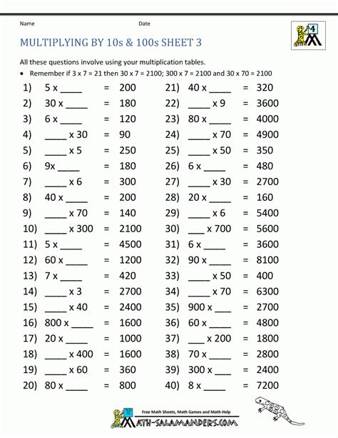Extended Multiplication Facts Worksheet 4th Grade Free Printable