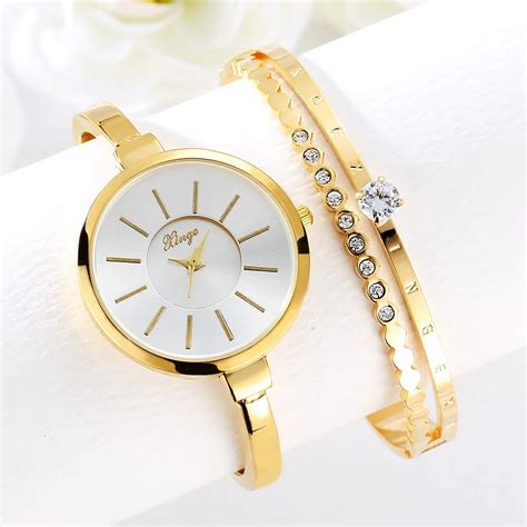 Luxury Bracelet Watches Set Women Gold Classical Crystal Quartz