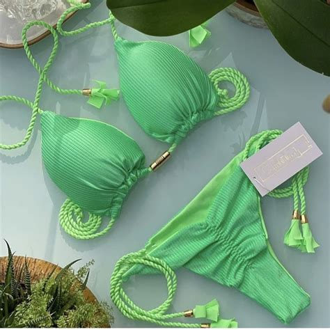 2022 Sexy Womens Solid Bikini Set Hemp Rope Braided Straps Swimwear 7