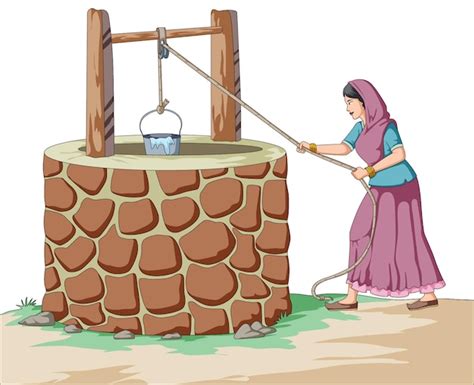 premium vector village woman pulling out water in a bucket from well