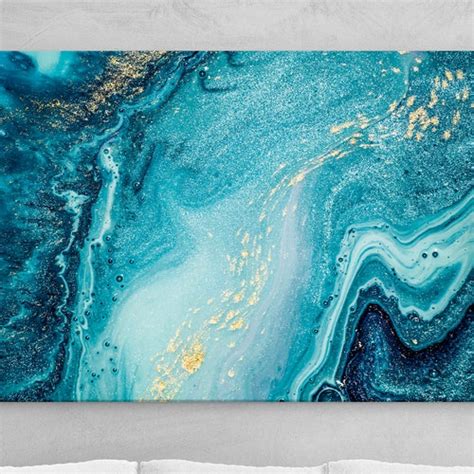 Gold Blue Abstract Canvas Wall Art Print Extra Large Marble Etsy