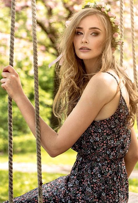 Attractive Blonde Girl In Blooming Garden Stock Image Image Of